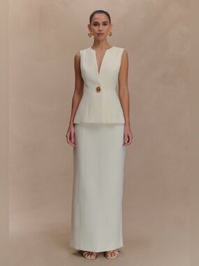 Meshki Cream Sleeveless Peplum Crop Top with Gold Button